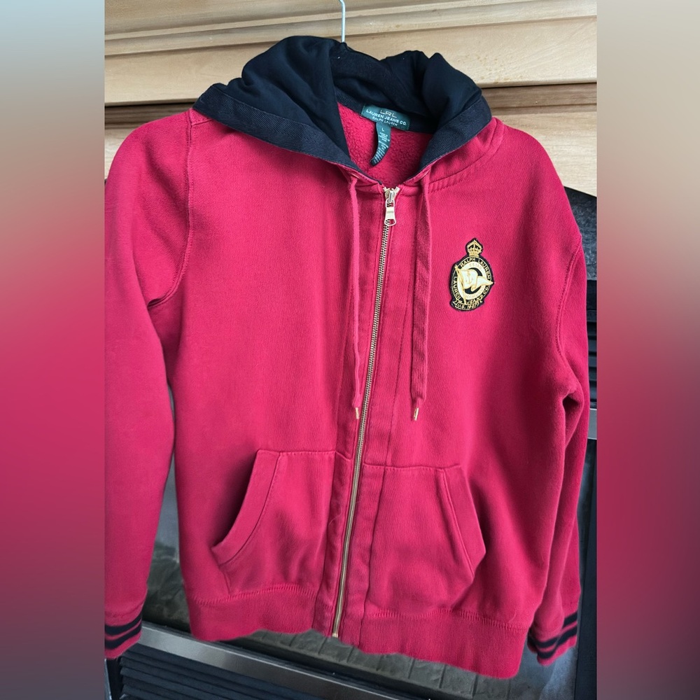 Women’s Ralph Lauren Red Hoodie with Embroidered Crest Large EUC